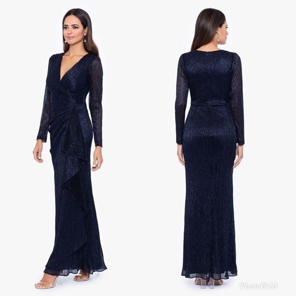 Revolve Betsy & Adam MAGGIE LONG PLEATED METALLIC V-NECK DRESS 8 Petite - Picture 2 of 8